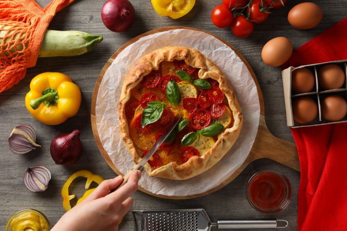 Concept of tasty food, Vegetable galette, top view