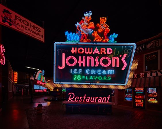 A classic outdoor neon sign advertising one of the locations of the Howard Johnson, Cincinnati, Ohio