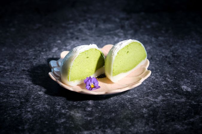 Sweet matcha mochi rice cake served on plate