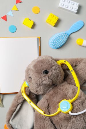 Concept of baby book or books for children, top view