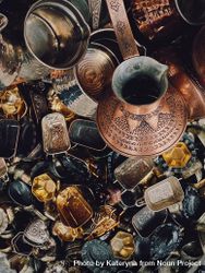 Top view of Turkish coffee pot and small jewelry boxes 48ejvb