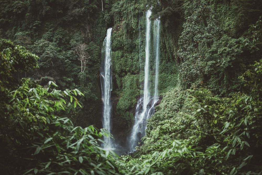 high green cliffs with waterfall, Bali