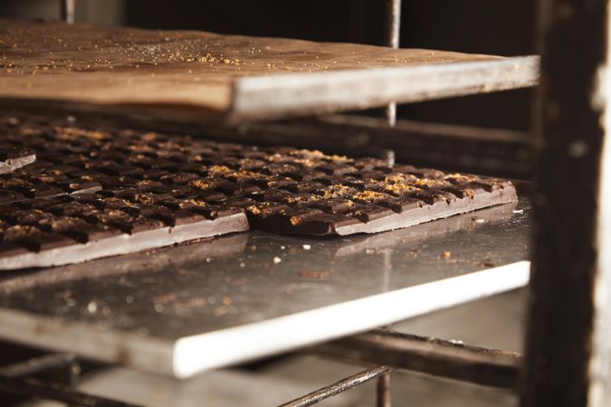 Chocolate bars on steels trays