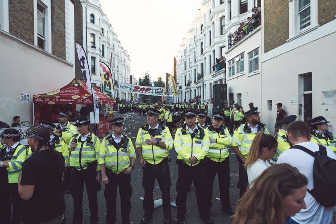 London, England, United Kingdom - August 25th, 2019: Group of Metropolitan Police lined up in London