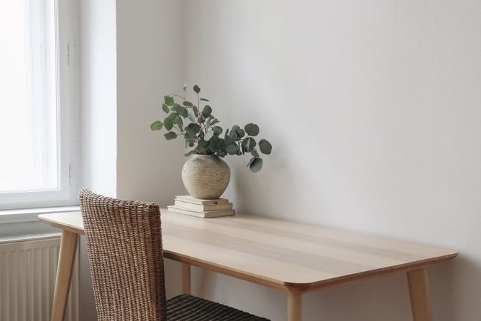 Living room with vase, eucalyptus tree branches, old books on wooden table on rattan chair near window