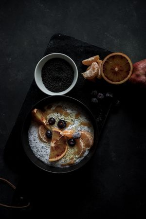 Chia seeds pudding with citrus in bowl
