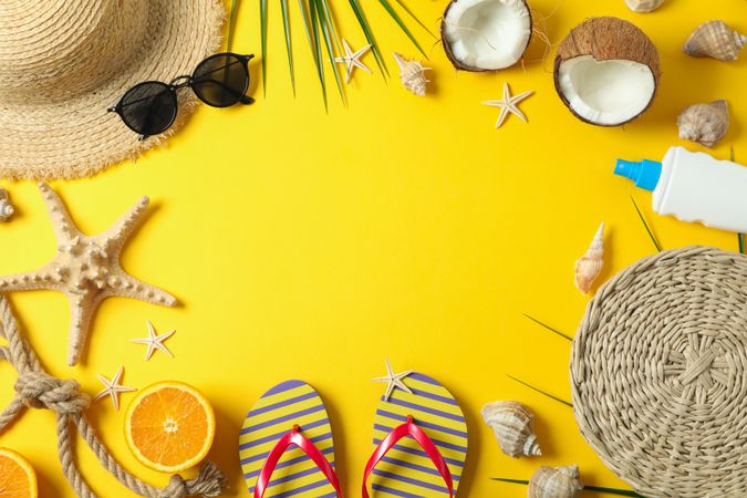 Flat lay composition with summer vacation accessories on color background, space for text and top view. Happy holidays