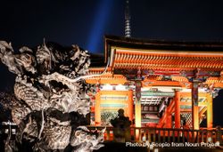 Japanese style building beside a dragon statue at night 0WJnPb