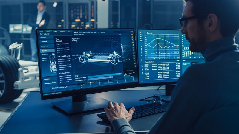 Professional Engineer Works on a Computer with a 3D CAD Software and Tests the Electric Car Chassis Prototype with Wheels, Batteries and Engine Standing in a High Tech Development Laboratory.