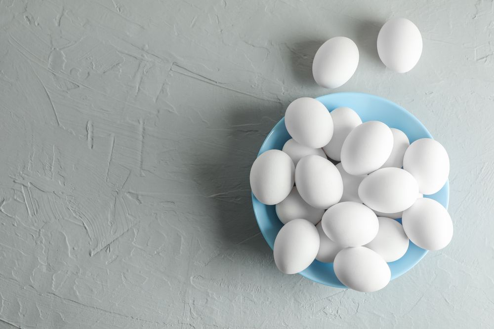 Chicken eggs in plate on gray background, space for text