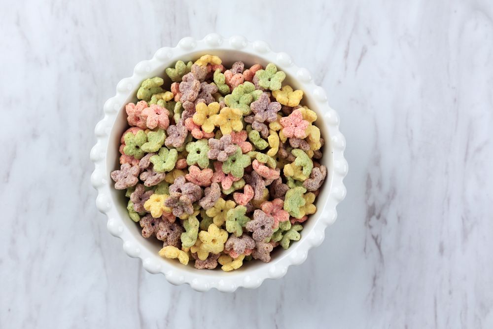 Top View Colorful Honey Stars Breakfast Cereal in Bowl.