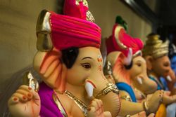 Many beautiful and colorful idols of Lord Ganpati on display at a workshop in Mumbai, India for the festival of Ganesh Chaturthi