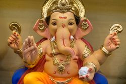 A beautiful idol of Lord Ganpati on display at a workshop in Mumbai, India for the festival of Ganesh Chaturthi
