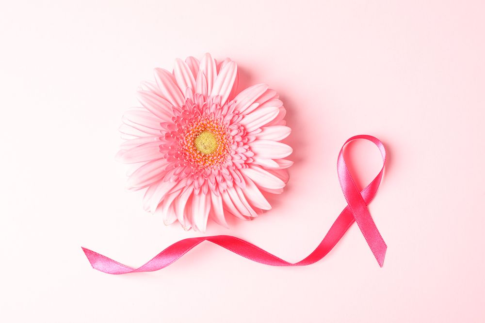 Pink awareness ribbon and gerbera color background, space for text