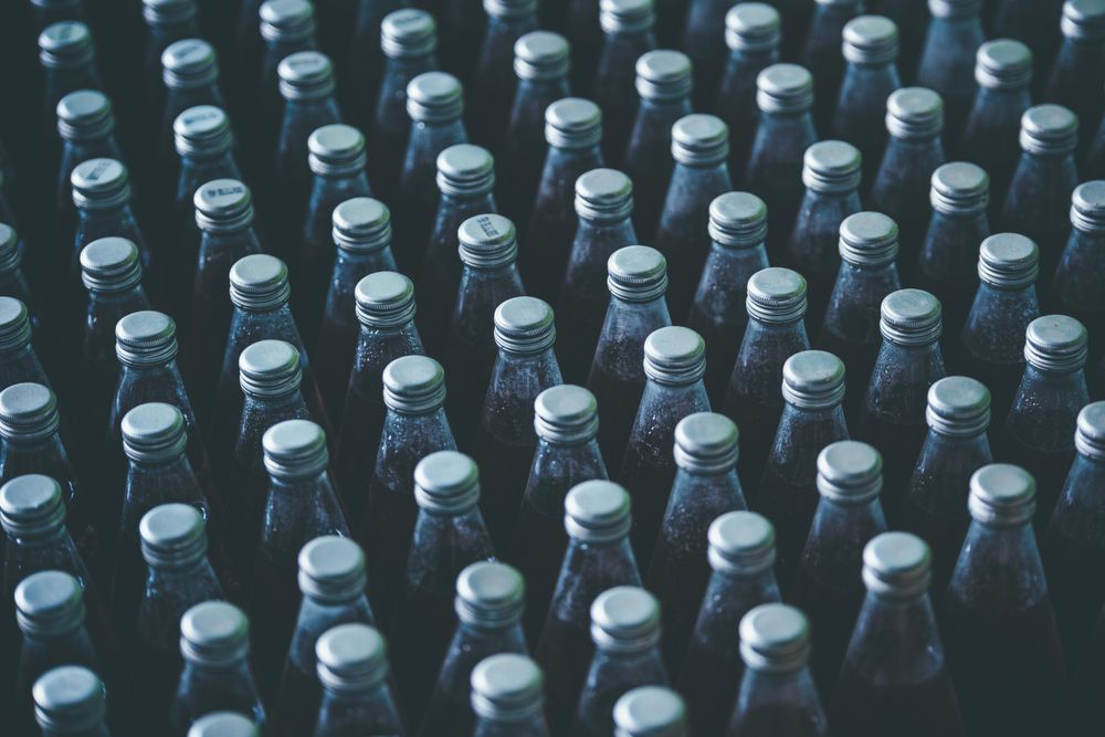 Top view of rows of drink bottles