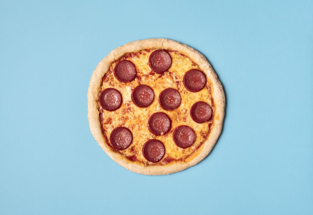 Whole pepperoni pizza overhead