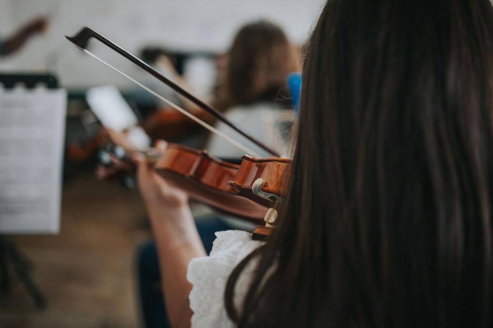 Rear view of female student holding bow and violin