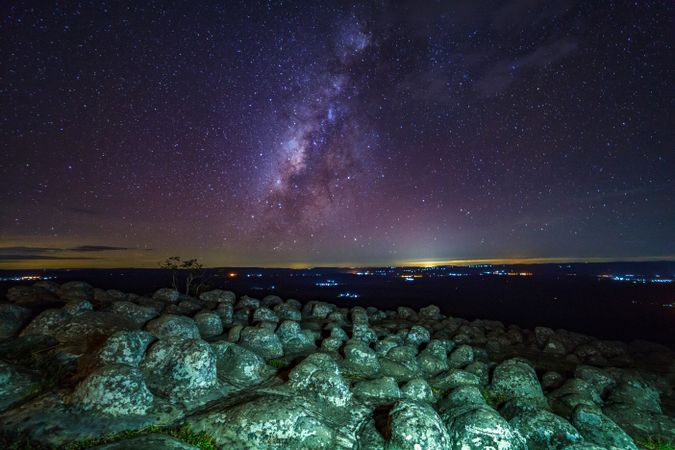 Milky way galaxy with knob stone ground is name Lan Hin Pum viewpoint at Phu Hin Rong Kla National Park in Phitsanulok, Thailand