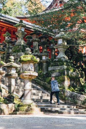Woman climbing concrete stairs beside a Shinto temple