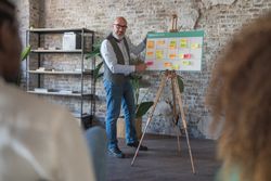A casual dressed person is giving a business presenting on board with colorful sticky notes