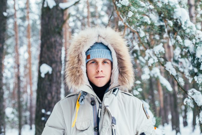 Man in parka on winter day, landscape