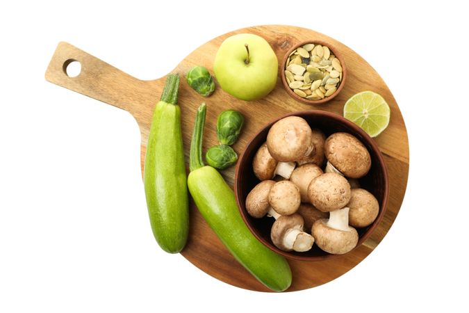 Set of protein vegan products on kitchen board, isolated on plain background, top view