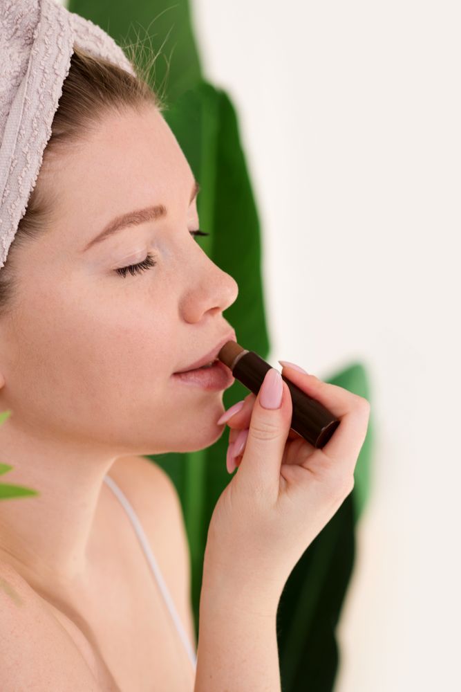 Woman with towel applying makeup