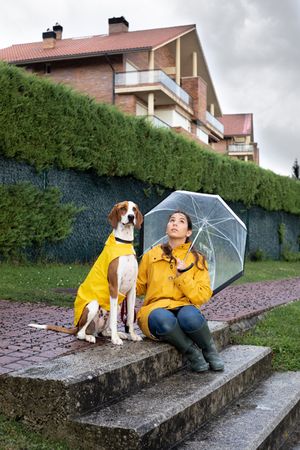Woman and dog in yellow rain protective wearing sitting on stairs outside