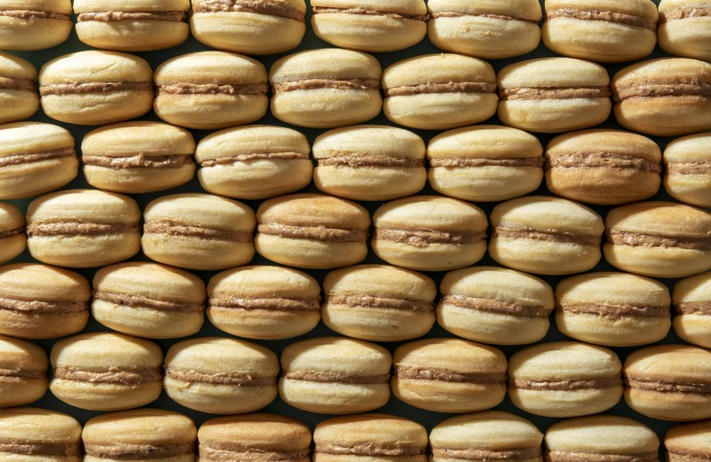 Nut cookies filled with caramel creme, above view