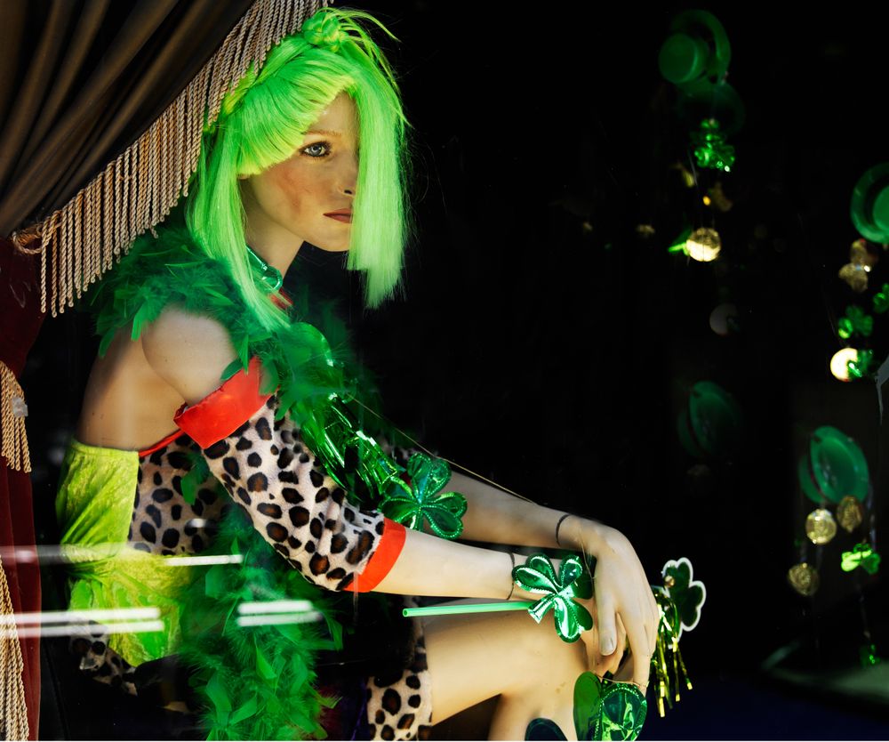 Irish mannequin in a store window during Mardi Gras in New Orleans, Louisiana