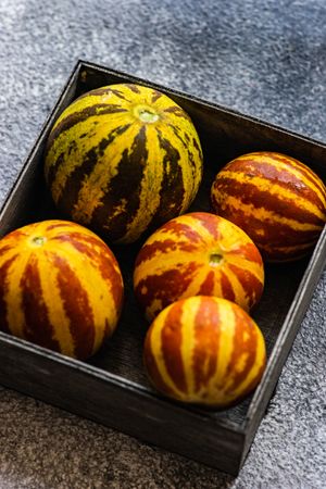 Box of organic mini melons on counter