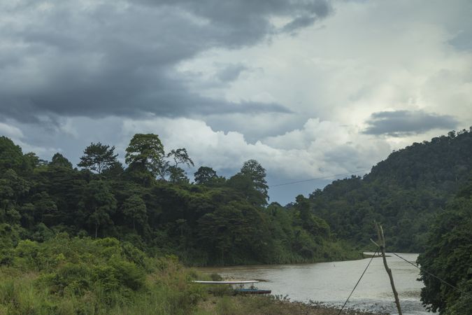 Tembeling River and surrounding jungle, on a stormy day, in Taman Negara Malaysia