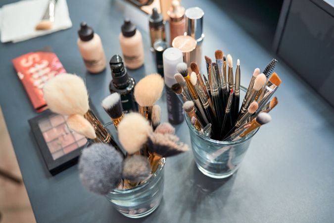 Set of makeup supplies in studio
