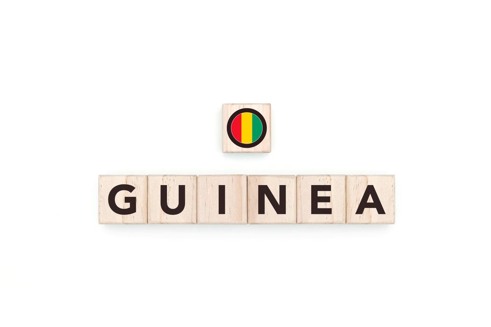 Wooden blocks bearing the name and flag of Guinea. Guinean and African Culture, national identity, travel, and geography in a copy space design.