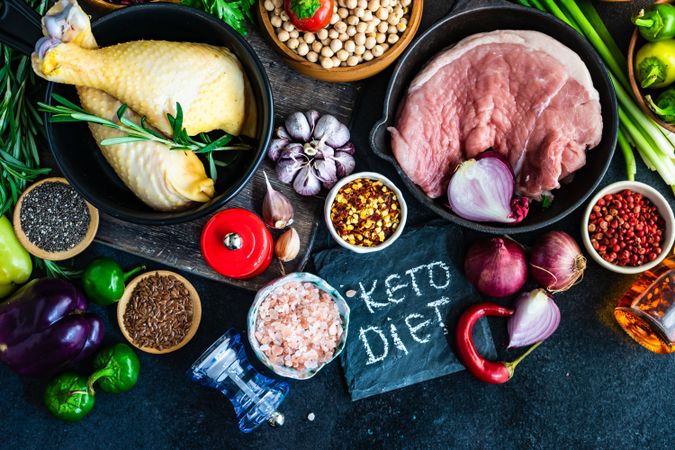 Raw meats with aromatics with keto diet sign