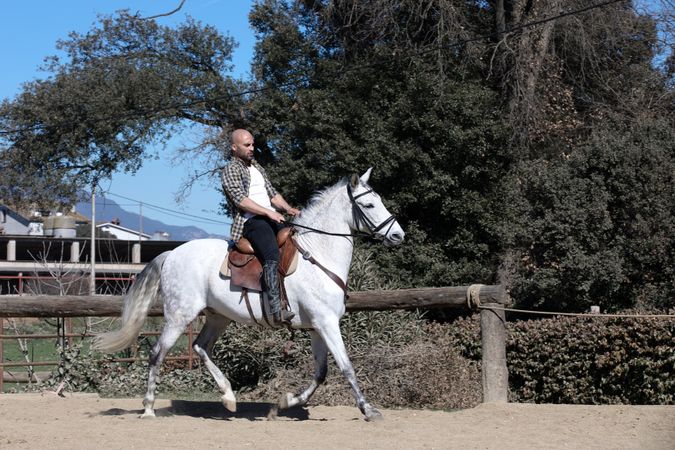 Side view of smiling man in checkered shirt riding horse