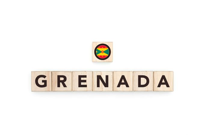 Wooden blocks bearing the name and flag of Grenada.