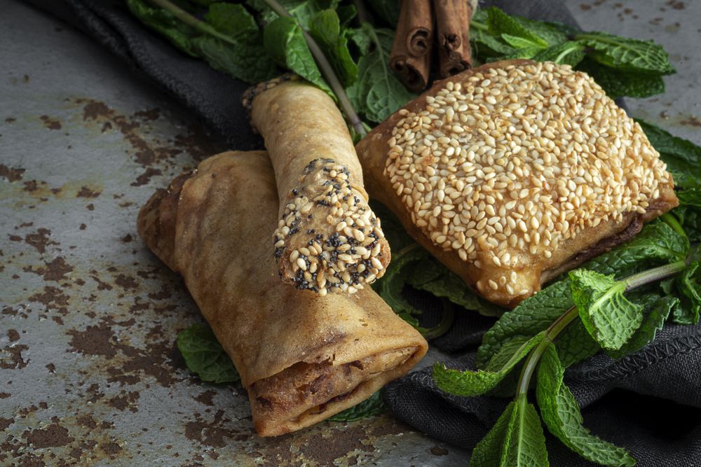Typical Moroccan food on wooden table