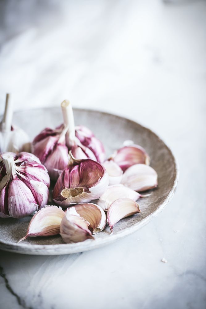 Close-up of a plate of garlic