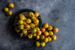 Top view of yellow cherries on plate