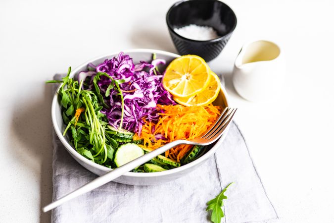 Healthy salad bowl with red cabbage