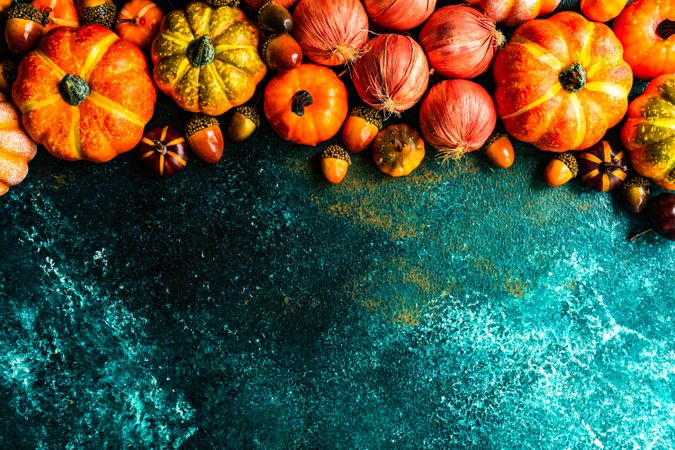 Teal background with squash and nut decorations and space for text