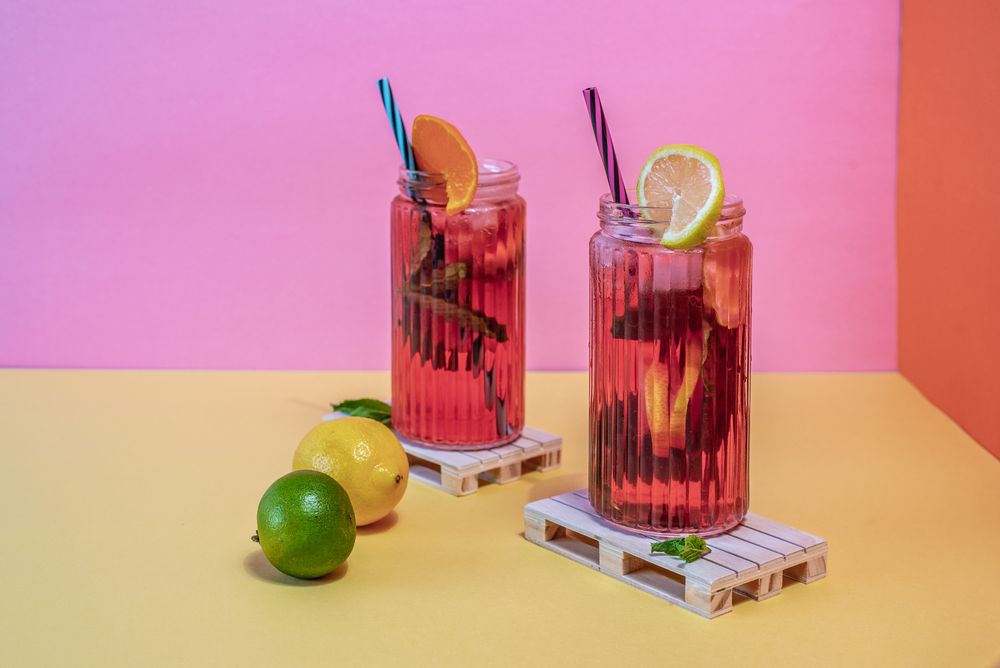 Jars of pink cold ice tea