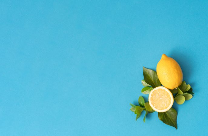 Yellow lemon slice on bright light blue background