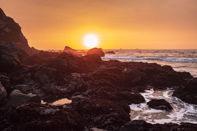 Tide pools on a Northern Californian beach at sunset