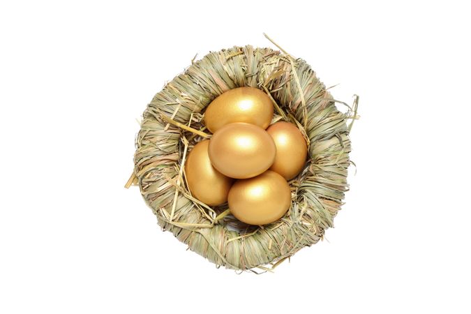 Concept of wealth and retirement - golden eggs, isolated on light background