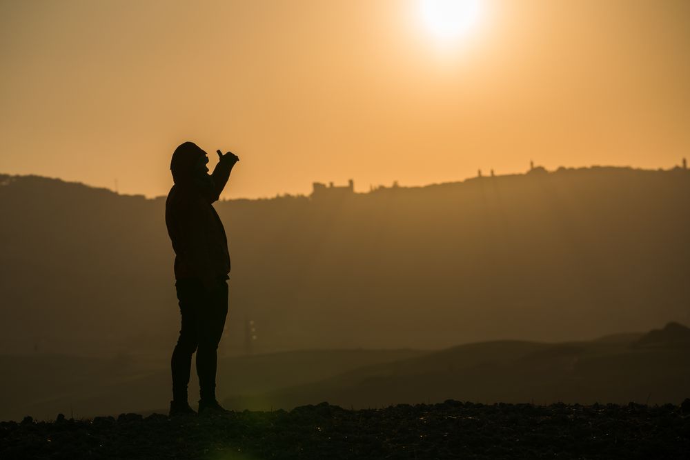 Traveler on field in sunset light