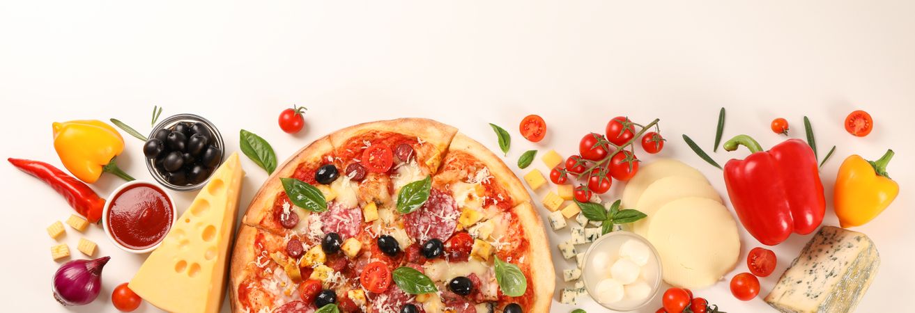 Flat lay. Pizza and ingredients: vegetables, cheese on plain background, copy space