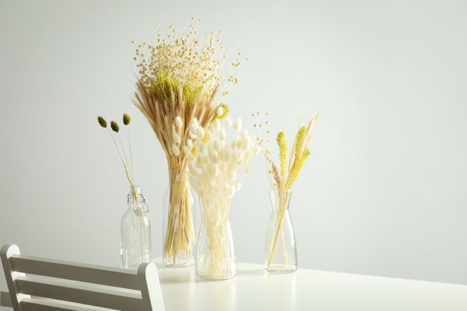 Four glass vases on table with dried flowers in grey room with copy space