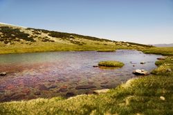 Clear lake at bottom of rocky mountain